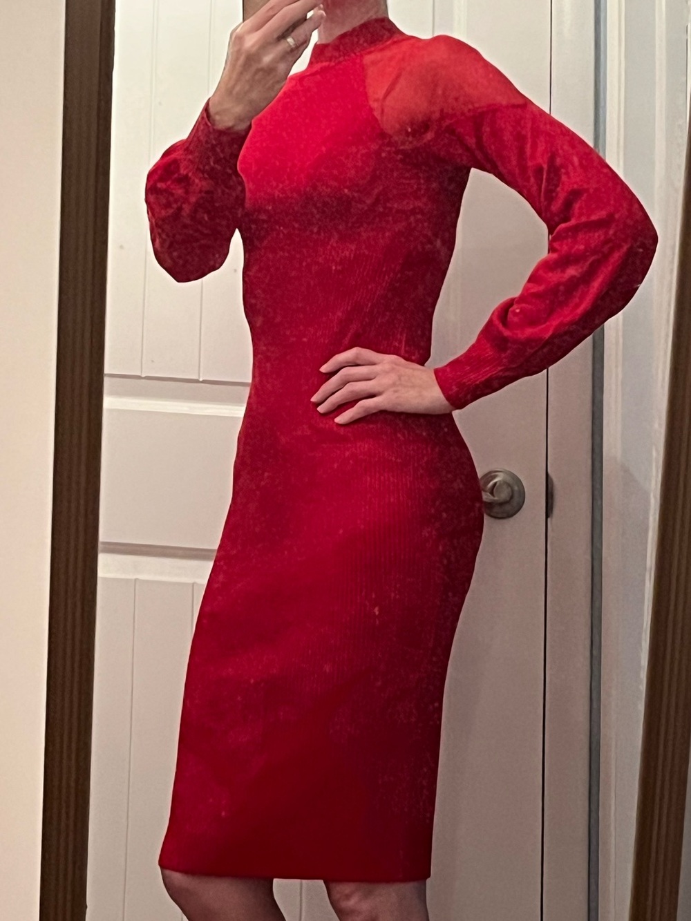 Almost Famous Red Ribbed Bishop Sleeve Mesh and Knit Bodycon Dress